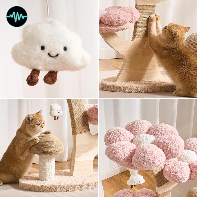 Modern Cat Tree Tower for Indoor Cats Large Adult, 37 inch Flower Cat Tree with Scratching Post, Luxury Aesthetic Cat Tree with Cloud-Soft Flower Perches and Physical Mouse-Sound Hanging Toy