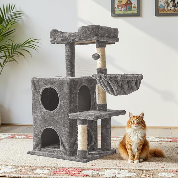 Modern Cat Tree with Scratching Posts, Cat Bed, Hammocks & Condos – Multi-Level Cat Tower for Playful Cats, 36" Modern Cat Tree Tower, Grey