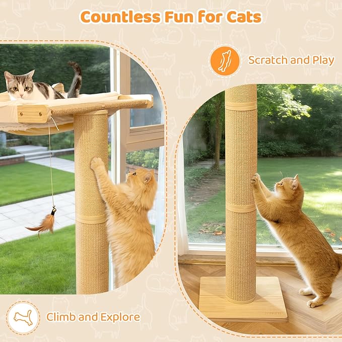54.3" Cat Window Perch with 3 Adjustable Roman Column Sisal Posts, White Fluffy Cusion, Drill-Free Suction Cups, Multi-Level Climbing Perch, 60 lbs Capacity