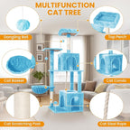 Cat Tree, 54-Inch Cat Tower for Indoor Cats,Plush Multi-Level Cat Condo with Scratching Posts, Basket, Perches,2 Caves,2 Pompoms(Blue)