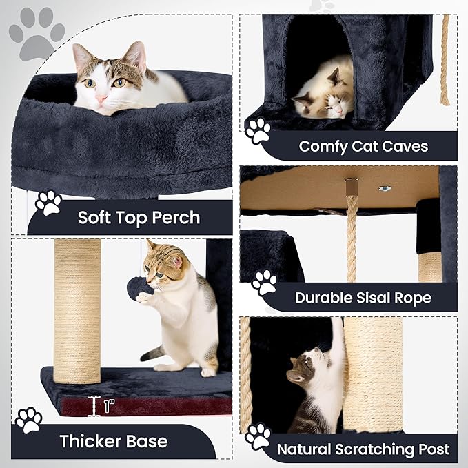 58.5inch Large Cat Tree Tower Condo for Indoor Cats, Soft Plush Multi-Level Climbing Tree Cat House with 1 360° Rotating Cat Cave, Scratching Post, More Entrance/Exit, Sisal Rope, Smoke Gray