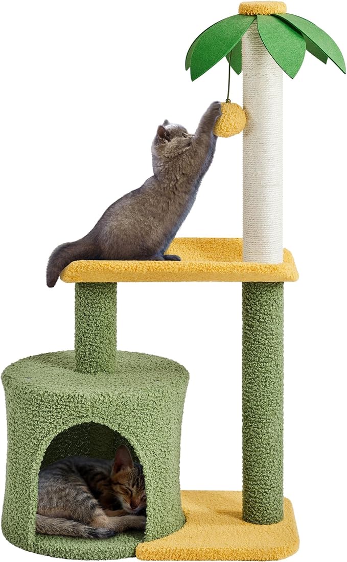 Topeakmart Cute Cat Tree for Indoor Cats, Coconut Palm Cat Tower with Green Leaves, Large Cat Condo Plush Cat House with Sisal Covered Scratching Post Activity Center Cat Furniture for Kitten
