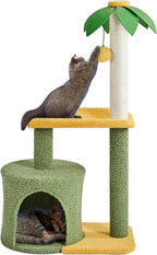 Topeakmart Cute Cat Tree for Indoor Cats, Coconut Palm Cat Tower with Green Leaves, Large Cat Condo Plush Cat House with Sisal Covered Scratching Post Activity Center Cat Furniture for Kitten