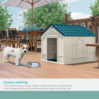 Suncast Deluxe Dog House for Dogs up to 100 Pounds with Removable Roof, Vents, Crowned Channeled Floor, and Personalization Labels, Taupe/Blue