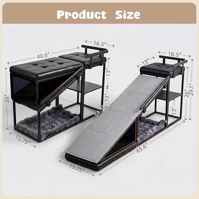 4-in-1 Dog Ramp, 65" x 26" x 17" Storage Ottoman Bench Upholstered Padded with Solid Wood Shelf, Foldable Pet Stairs Non-Slip Silicone Surface - Safety Railings Load up to 220 lb, Black