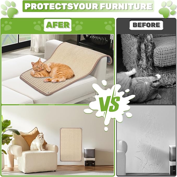 Natural Sisal Cat Scratching Mats 2 Packs,Cat Scratch Furniture Protector,Wall Mounted Wall Climbing Carpet, Horizontal Cat Scratcher Rugs Carpets Mats for Wall Couch Protection，23.6" Lx15.7 W