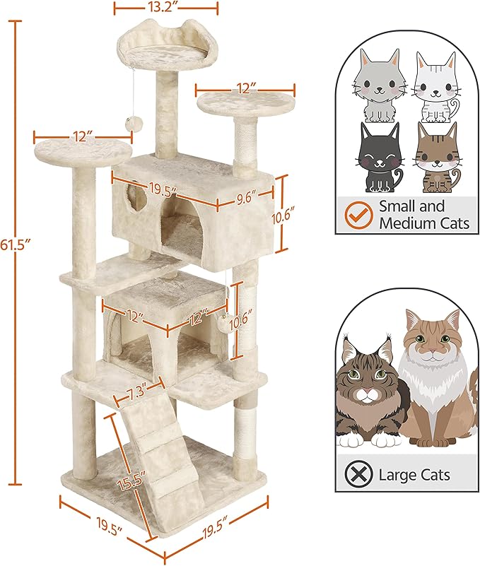 Topeakmart 61in Cat Tree for Indoor Cats, Cat Tower with Scratching Posts Spacious Perch & Platform for Kittens, Beige
