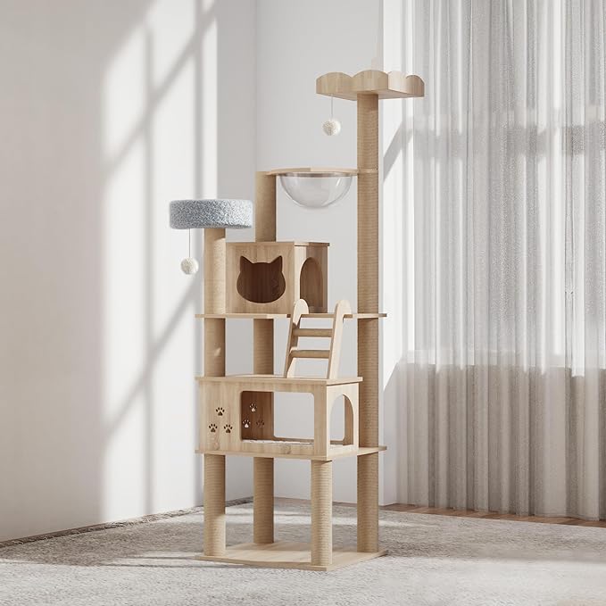 Wood Cat Tree for Indoor Cats, 72" Tall Cat Tower for Large Cat with Scratching Post Condos Perches and Capsule Nest Modern (Beige)