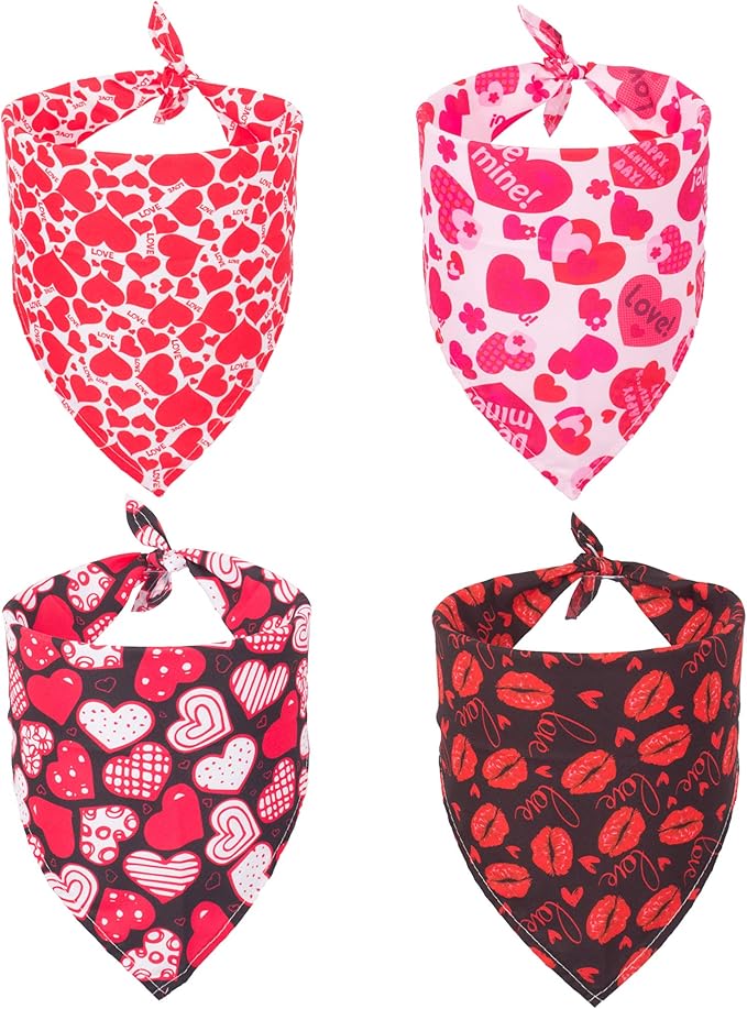 ADOGGYGO 4 Pack Valentine Dog Bandana Triangle Pet Scarf Red Pink Heart Pattern Valentine Bandanas for Small Dogs Pets (Small)