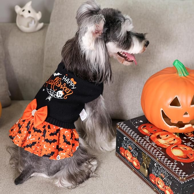 CuteBone Halloween Dog Sweater Dress for Medium Dogs Girl, Happy Halloween Embroidery Turtleneck Small Dog Sweater with Bowtie, Pet Clothing for Chihuahua Yorkie Teacup DS107XL