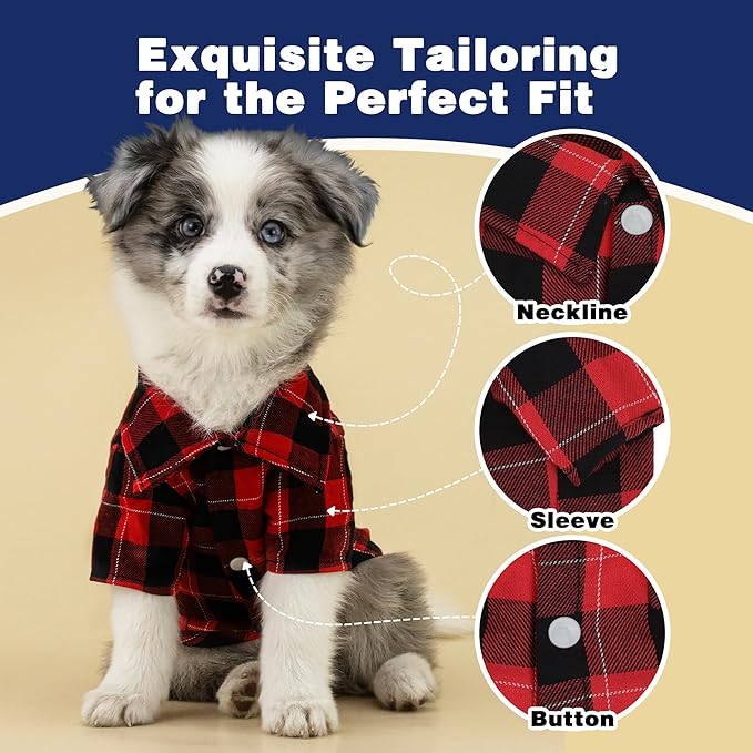 Paiaite Plaid Dog Shirt: Classic Checkered Style in Pure Cotton for Large, Medium, and Small Breeds, Comfort, Breathability, and Elegance. Perfect for Everyday Wear, and Photoshoots Red S