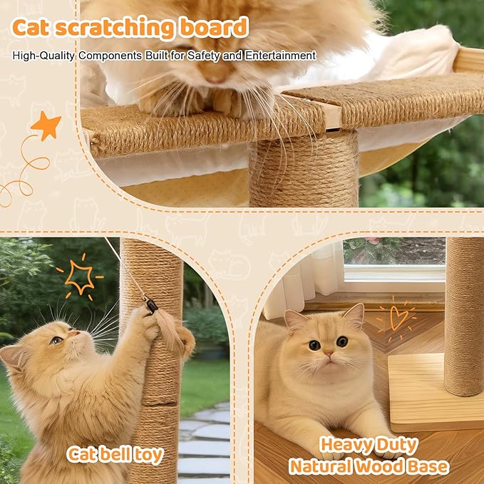 Cat Window Perch with Scratching Post, 46" Adjustable Tall Scratching Posts & Suction Cup – White Fluffy Cusion, Multi-Level Perch for Climbing, Bird Watching, Play, Supports 45 lbs (Drilling-Free)
