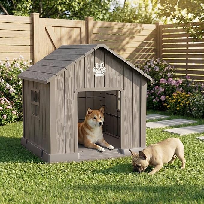 VIXZEN Dog House Outdoor, 31 Inches Weatherproof Resin Dog House Indoor Large with Air Vents & Elevated Floor, Doghouse Outdoor for Large Dogs, Easy Assembly, Versatile Storage Functionality, Grey