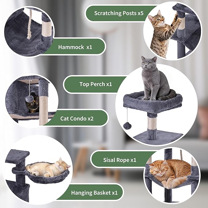 Simple Deluxe 66In Cat Tree for Indoor Cats, 6-Level Cat Tower with Sisal Scratching Posts, Enclosed Cat Condo & Hammock, Space-Saving Corner Design, Stable Wide Base for Multiple Kittens, Dark Gray