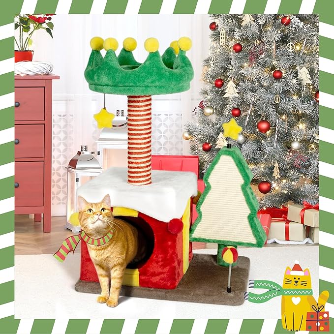 KAMABOKO Christmas Cat Tree Cat Tower with Cat Condos, 33.5" Multi-Level Top Perches, Sisal Ramp Scratching Posts, Cozy Basket, Hammocks, Large Cats Pet Activity Structure