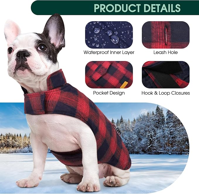Kuoser Dog Winter Coat, Reversible Dog Jacket, Warm Doggie Coat British Style Puppy Cold Weather Vest, Windproof Pet Clothes Vest for Small Dogs, Red S