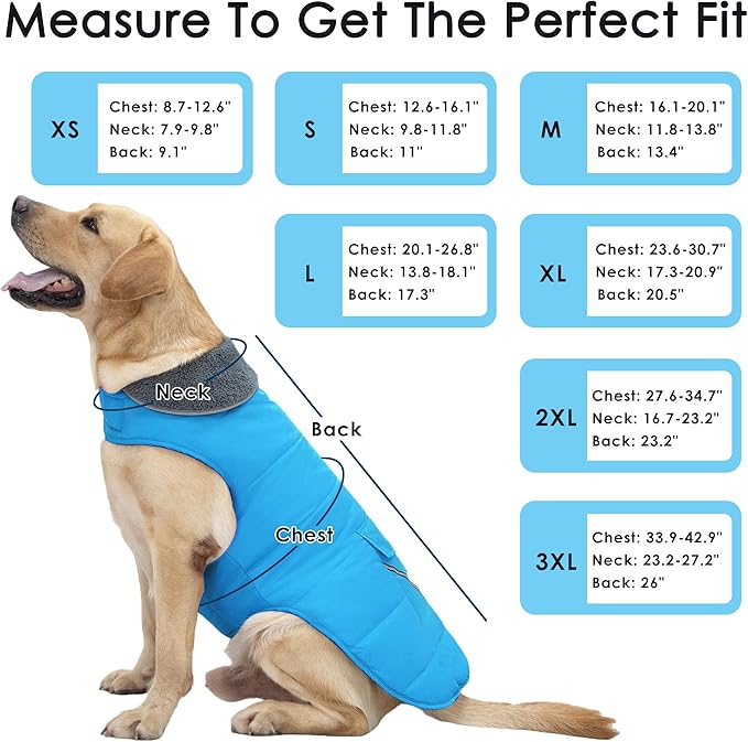Dog Coat, Waterproof Dog Winter Jacket with Pocket, Reflective Adjustable Pet Snow Vest, Warm Cozy Fleece Sweater for Small Medium Extra Large Dogs - Sky Blue, L