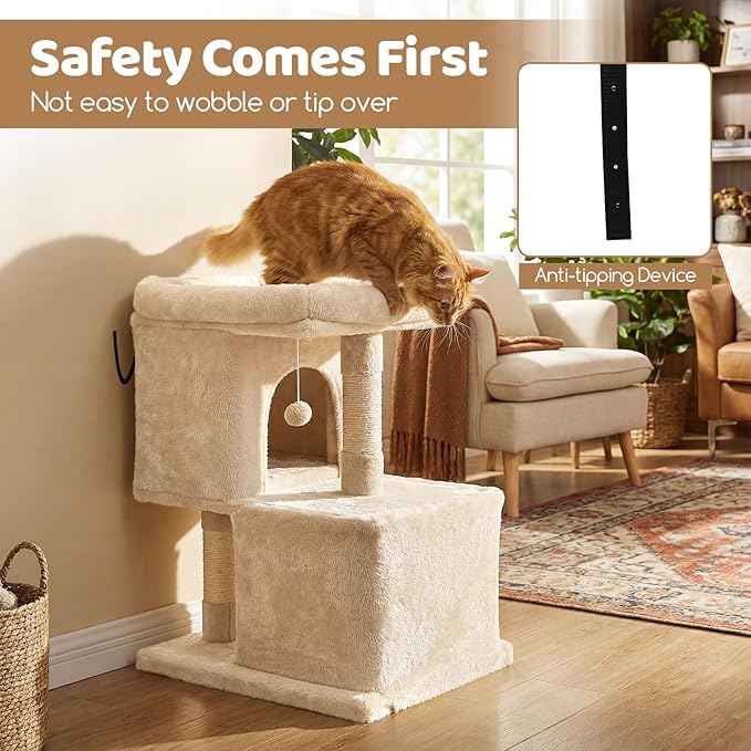 DORTALA Cat Tree for Indoor Adult Cats & Kittens, 25.5" Modern Cat Tower with 2 Condos, Top Perch, 3 Caves, Sisal Scratching Post, Pet Climbing Furniture Activity Center (Beige)