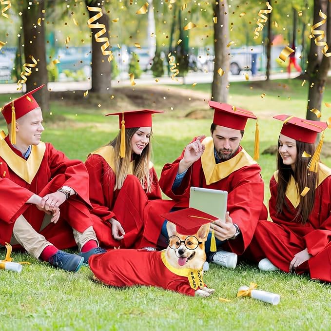 5 Pcs Dog Graduation Costume Set Include 2026 Pet Graduation Gown with Stole Puppy Grad Cap Lensless Glasses DIY Letter Stickers for Dogs Cats Holiday Costume Accessory(Red Yellow,XL)