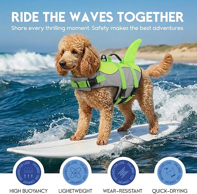 ASENKU Dog Life Jacket - Pet Safety Vest for Swimming & Boating, Shark Life Jacket with Floatation, Dog Lifesavers Swimsuits for Small Medium Large Dogs (Green, L)