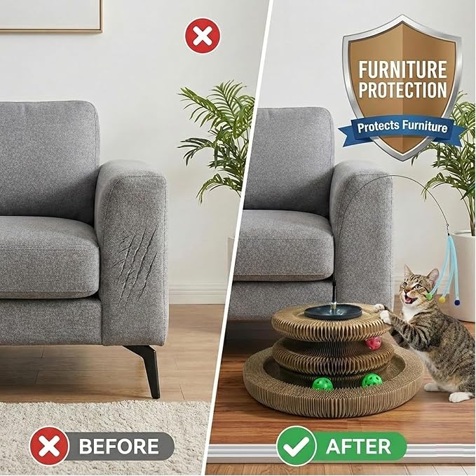 Magic Organ Cat Scratcher Toy, Kitty Curls Cat Scratcher Accordion Foldable Kurlz-Style Cat Toy with Strong Suction Cup & Metal Teaser Wand - DIY Interactive Shapes for Indoor Cats