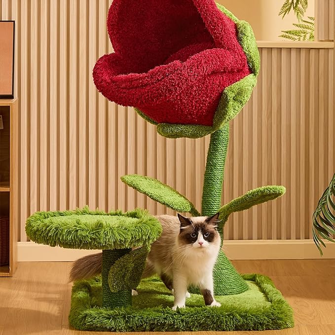 Happy & Polly 42-inch Flower-Shaped Cat Tree with Sisal Scratching Post, Modern Wood Color, Floor Mount, Indoor Climbing