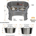 Neater Feeder Deluxe Mess-Proof Elevated Dog Bowls for Medium Dogs (19–40 lbs), 2 Height Adjustable (10” & 12.5”) No-Spill Raised Dog Bowl Stand, Stainless Steel Food Bowl Set, Made in USA, Grey