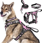 WINSEE Pet Harness Collar and Leash Set, All-in-one Reflective Dog Harness No Pull with Adjustable Buckles for Puppies, Small, Medium, Large, and Extra-Large Dogs (X-Large, Pink)