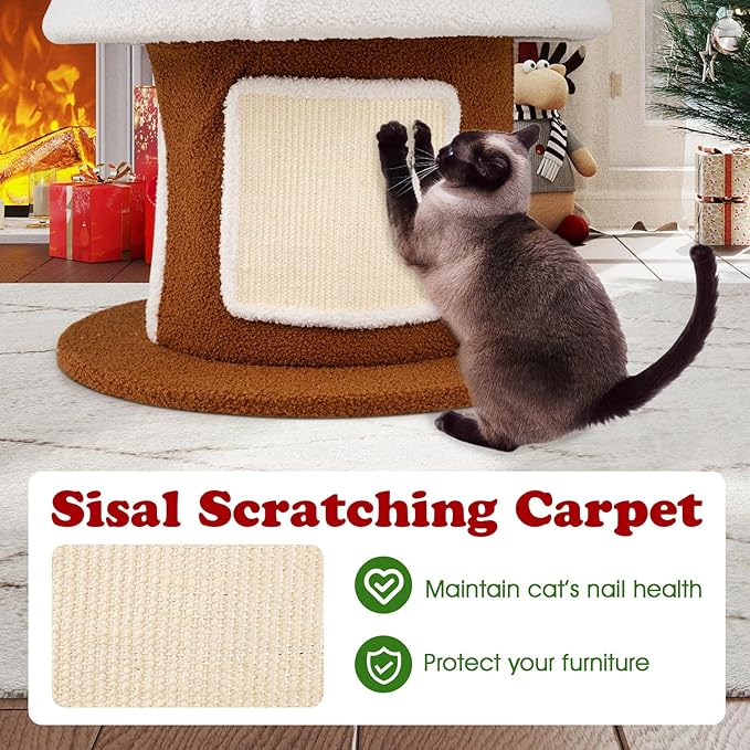 PETSITE 61 Inches Cat Christmas Tree, Cute Christmas Cat Tower with 4 Condos, Colorful Ornaments, Sisal Board, Dangling Ball, Spring Toy, and Star-Shaped Spring-Type Top, Ideal for Indoor Cats
