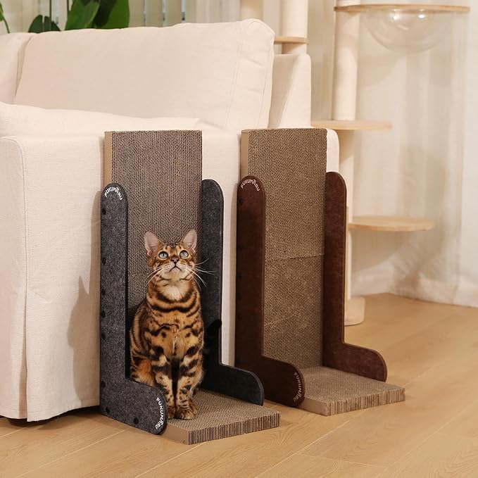 FUKUMARU Cat Scratcher, 26.8 Inch L Shaped Cat Scratch Pad Wall, Modern Cardboard Cats Scratching Board for Indoor Cats, Felt Vertical Scratching Post, Furniture Protector (Caramel)