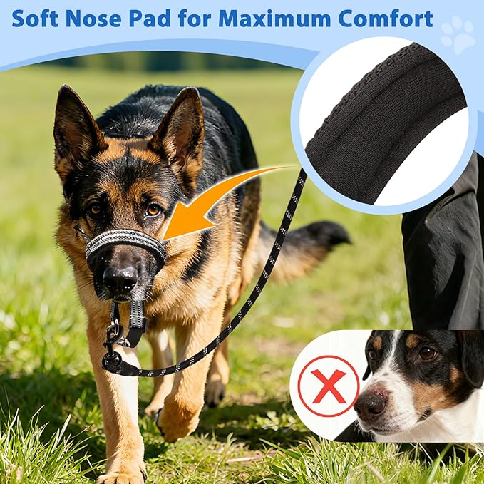 BARKLESS No Pull Dog Head Collar for Gentle Training Walking, Soft Padded Head Halter with Collar Safety Clip, Comfortable Fit Muzzle Leash with Reflective Strap for Medium Large Dog (Grey, M)
