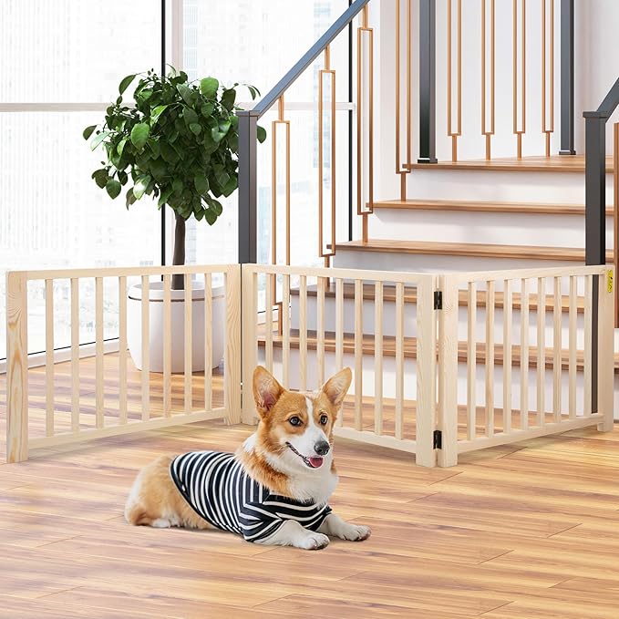 COZIWOW Freestanding Wooden Dog Gate - Indoor Pet Gate with Walk-Through Door, Adjustable and Portable Dog Barrier for Small to Medium Dogs, No Drilling Required, Stylish Wooden Finish,Natural