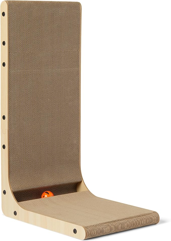 Amazon Basics Cat Scratch Post L-Shaped Cat Scratching Post Cat Scratch Pad with Interactive Ball Toy & Catnip, Cardboard Cat Wall Climber for Indoor Cats & Kittens, 16.5 x 11.4 x 26.8 in