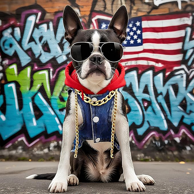 Cool Dog Jean Jacket Vest with D-Ring Blue Denim Dogs Hoodies Outfits for Small Medium Dogs Cats Boy Male Dog Clothes Costume Dogggie Puppy Harness Coat for Frenchie Walking(Red Hat,XXL)