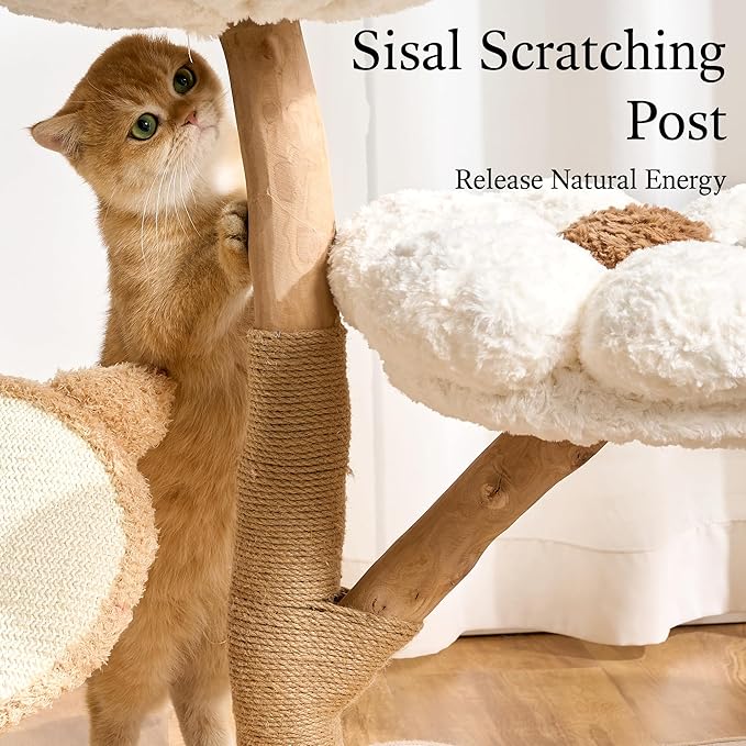 797Audio Natural Wood Flower Cat Tree, Modern Cat Tower with Real Solid Wood Branch, Luxury Aesthetic Cat Tree with Scratching Post, Scratch Pad, Cat Tree Tower for Indoor Large Adult Cats,Cloud White