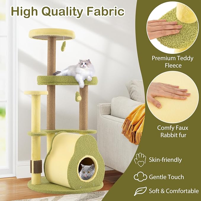 PETSITE 49-inch Avocado-Themed Cat Tree, Multi-Level Modern Cat Tower with Jute Scratching Posts, Cat Condo, Self Groomer Brush, and Dangling Toys, Cute Cat Tree Tower for Indoor Cats