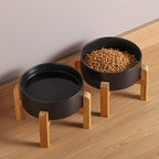 Black Elevated/Raised Dog Bowl Ceramic with Wood Stand for Small Medium Breed,Dog Food Water Dish Heavy, 6 in Non Slip Modern Cute Porcelain Pet Bowl