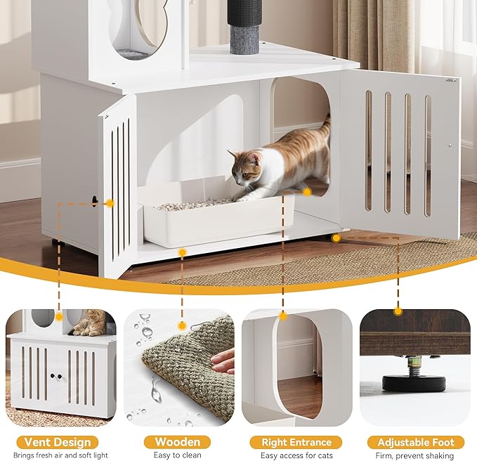 YITAHOME Cat Tree with Litter Box Enclosure, 2-in-1 Cat Furniture, Modern Cat Condo with Cat House, Perch, Food Station, Hammocks, Scratch Post, Hair Brush, 53.5 Inch, White