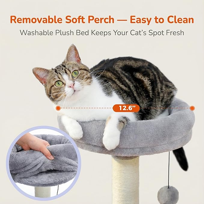32" 7 Small Cat Tree for Kittens & Senior Cats, Removable Plush Perch, Cozy Condo, Sisal Scratching Post, Compact Cat Tower for Small Spaces w/Cat Toy