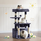 Heybly Cat Tree, Kitten Tower with Large Soft Cat Basket, Cat Condo with Spacious Cat Bed Cave with Hidden Space, Sisal-Covered Scratching Posts, Dangling Ball for Indoor Cats, Smoky Gray HCT008SG