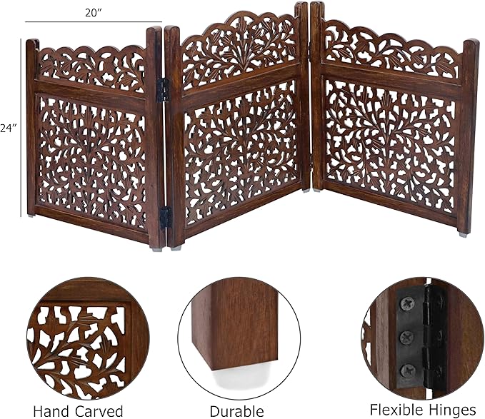 Wooden Foldable Pet Dog Safety Gate - 3 Panel 20" W x 24" H - Hand Carved Mahanadi Free Standing Portable Indoor Puppy Gate - Doorway Hall Stairs Dog Fence - Assembled - Brown - IRONGATE
