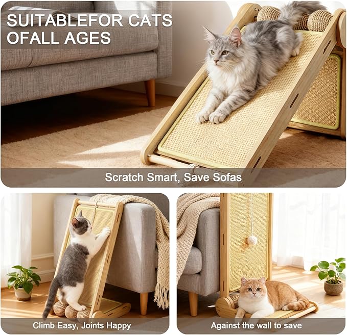 L-Shaped Sisal Cat Scratcher for Indoor Cats,23.6in Vertical Ramp Foldable Scratching Post with Interactive Toy Balls,Natural Sisal Pad Cat Scratching Board for Wall/Couch Furniture Protector