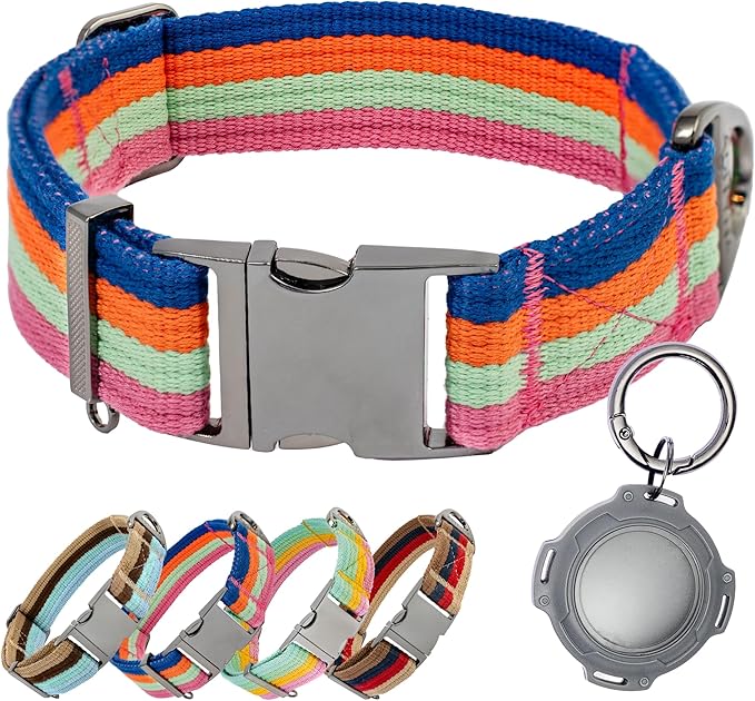 ADITYNA Cotton Dog Collar with AirTag Holder - Heavy-Duty Metal Buckle, Breathable, Easy Adjustable for Medium & Large Breeds - for Walking, Training (Bright Rainbow, Fits 15-21" Necks)