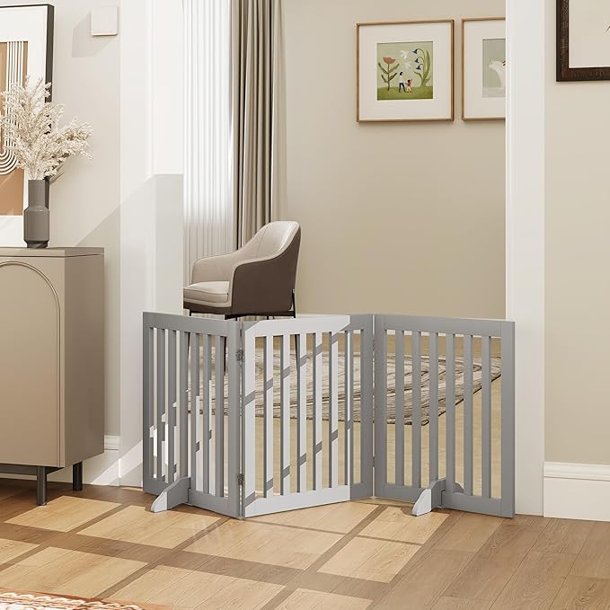 24”H Freestanding Wooden Pet Gate, Dog Gate for Stairs, Doorways, and Hallways, Step Over Foldable Pet Fence for Indoor Use, Support Feet Included, 60 inch Wide 3 Panels, Grey