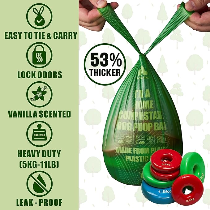Ultra Thick & Deep RockRhino Dog Poop Bags for Large & XL Breeds | 4-Layer Interlocked Bottom | 100% Home Compostable, 0% Plastic | Vanilla-Scented | 150 Bags, Easy Open Tie Handles, Not for Scooper