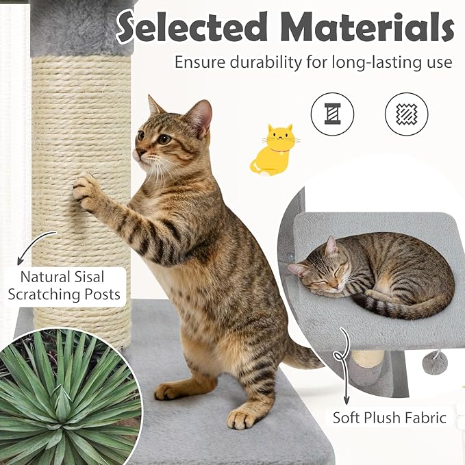 Tangkula 58 Inch Cat Tree Tower, Multi-Level Cat Tower with Sisal Scratching Posts, Padded Top Perch, Condo & Hammock, 3 Hanging Balls, Jumping Platforms for Indoor Cats (Light Gray)