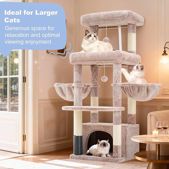 Hey-brother Cat Tree Tower, Scratching Posts with Extra Large Platform, Specious Condo, 2 Cozy Hammocks, Self-Grooming Brush for Indoor Adult Cats, Maine Coon 51.1 inches, Muchroom MPJ070MU
