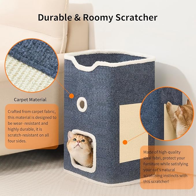 Cat House, Cat Beds for Indoor Cats, 2-Story Cat Condo Cube with Scratch Pad and Fluffy Ball Hanging, Multi-Level Cozy Hideout Center Ideal for Small/Medium Cats
