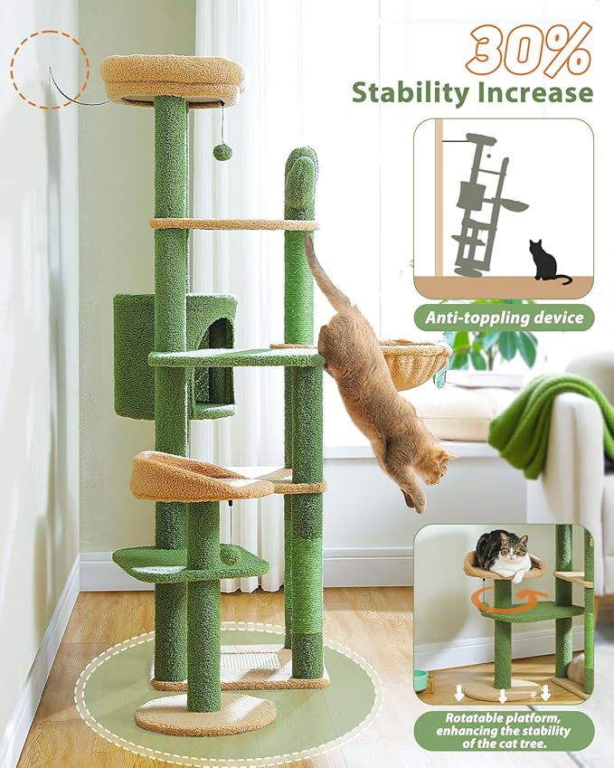 59" Cactus Cat Tree, Large Cat Tree for Indoor Cats, Cat Tower for Large Cats, Multi-Level Tower, Condo with Hammock, Scratching Post, and 2 Perches, Green