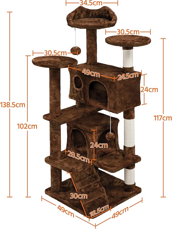 Brown Cat Tree Tower,Cat Scratcher Activity Centre Scratching Posts with 2-Condo and Dangling Toys
